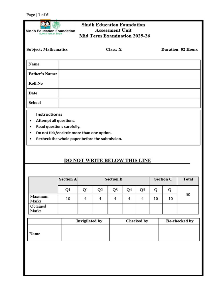 Class X Mathematics Mid Term Exam 2025-26 | PDF | Subtraction | Algebra