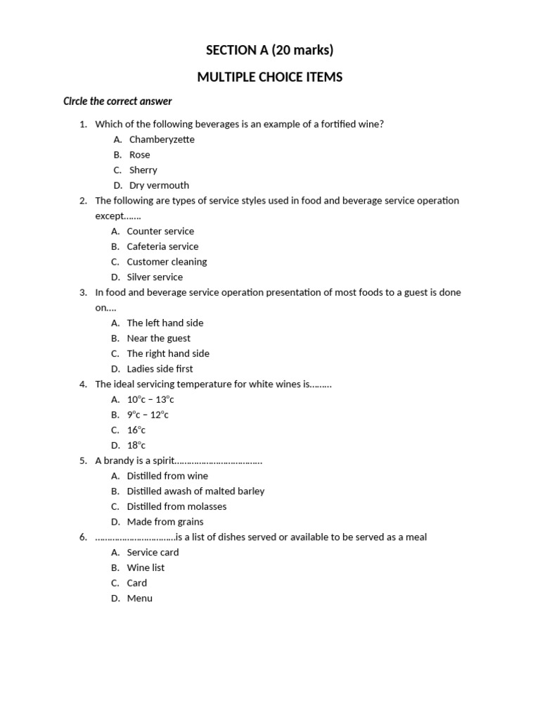 Food and Beverage Service Exam Questions | PDF | Foodservice | Drink