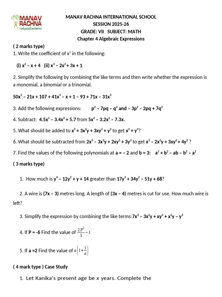 Algebraic Expressions for Grade VII Math | PDF | Computational Science ...