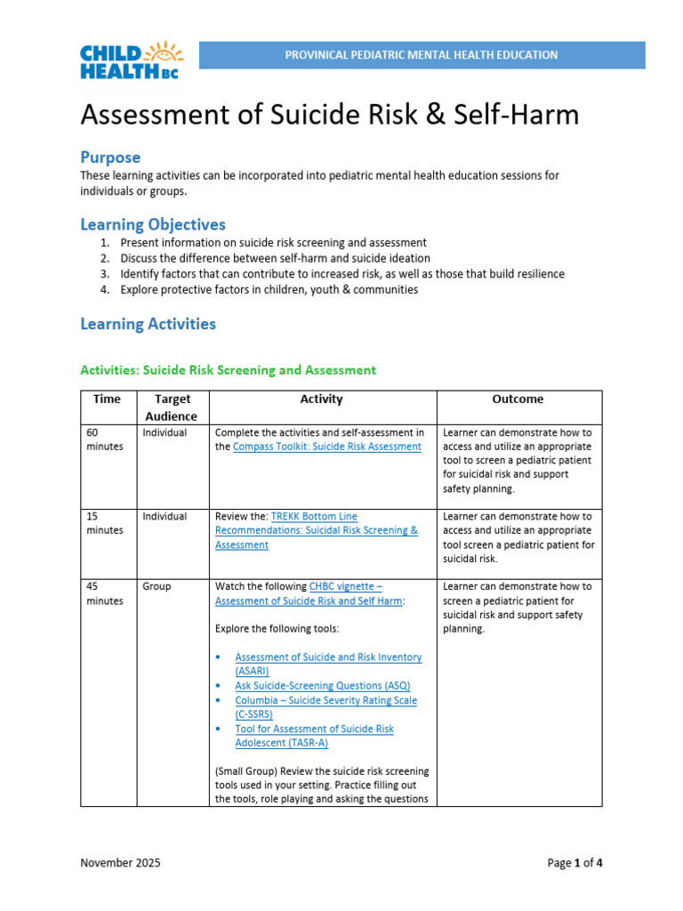 Assessment Suicide Risk Self Harm Learning Activities 0 | PDF | Self ...