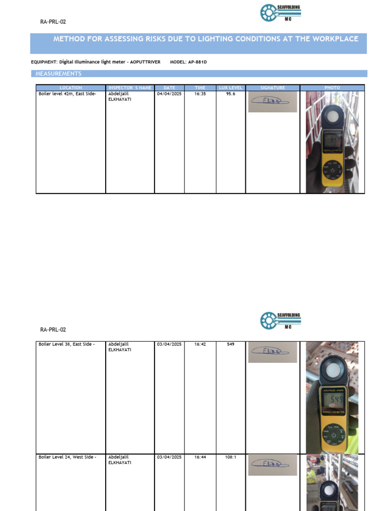 Workplace Lighting Risk Assessment Report | PDF | Lighting | Light