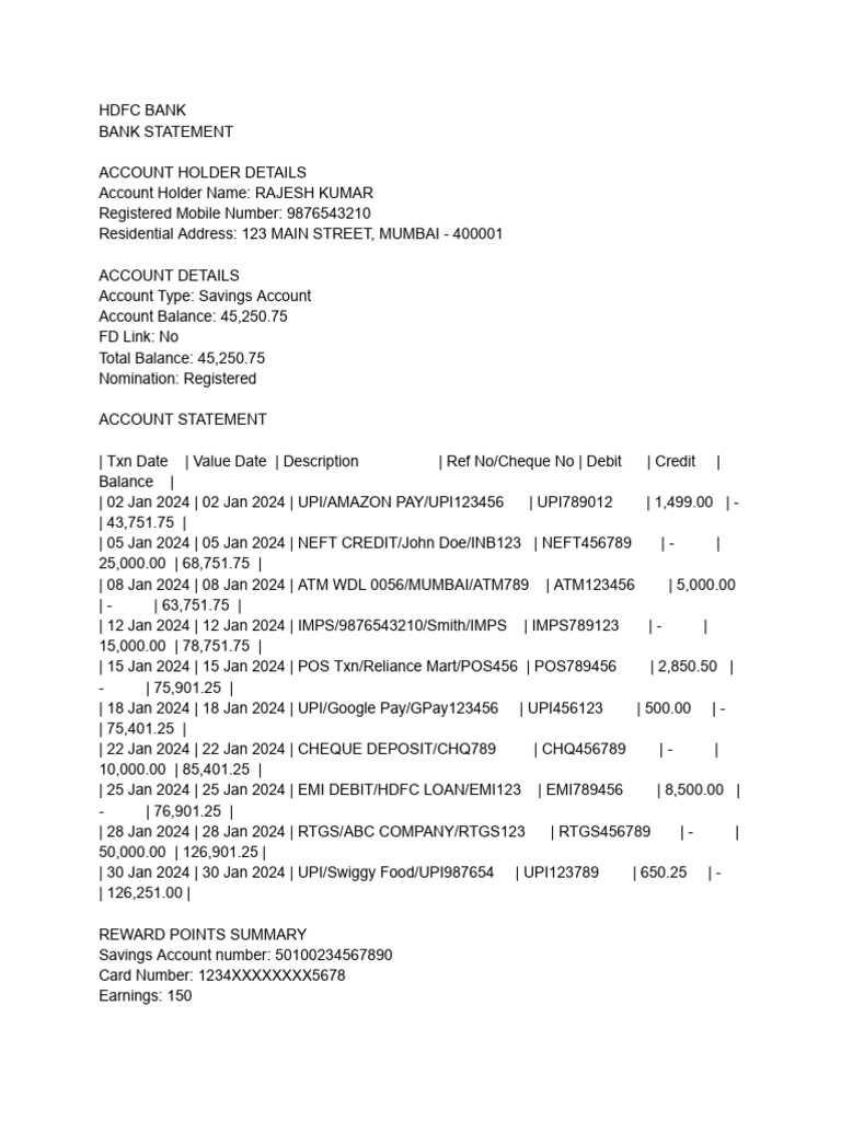 HDFC Bank Statement for Rajesh Kumar | PDF