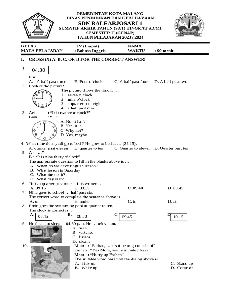 Soal Sat B.inggris Kelas 4 2023-2024 | PDF