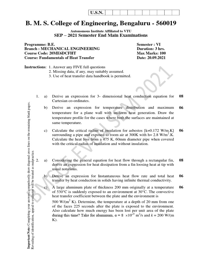 Mechanical Engineering Heat Transfer Exam | PDF | Heat Transfer ...