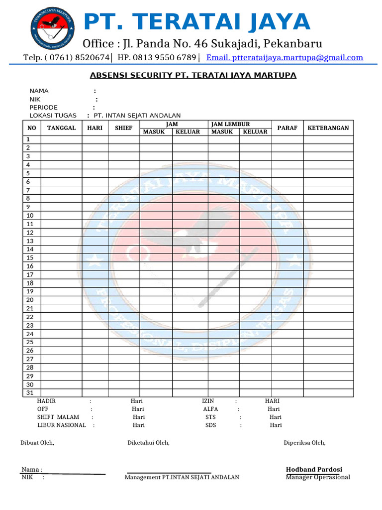 Absensi Security PT. Teratai Jaya | PDF