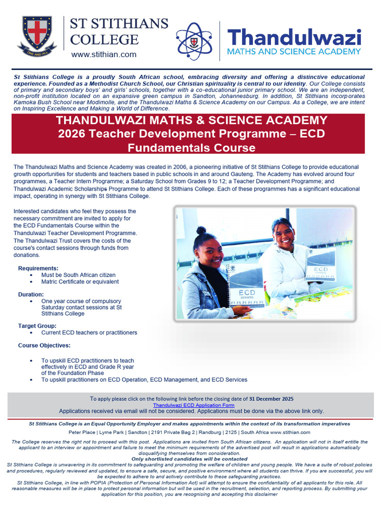 ECD Teacher Development Course at St Stithians | PDF