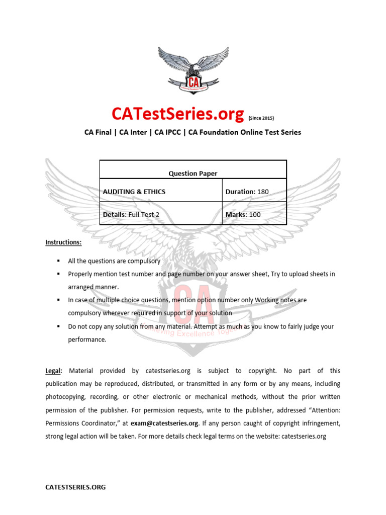 CA Final Auditing & Ethics Test Paper | PDF | Audit | Business