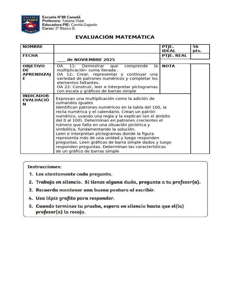 EVALUACIÓN MATEMÁTICA Prueba de Unidad Noviembre | PDF | Matemáticas ...