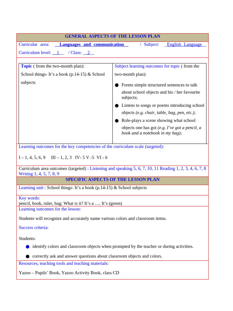 Lesson Plan: School Objects & Subjects | PDF | Curriculum | Lesson Plan