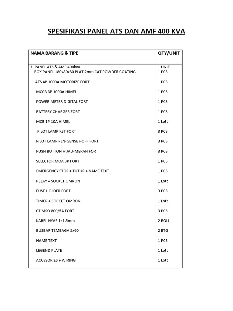 ATS and AMF Panel Specs 400 KVA | PDF