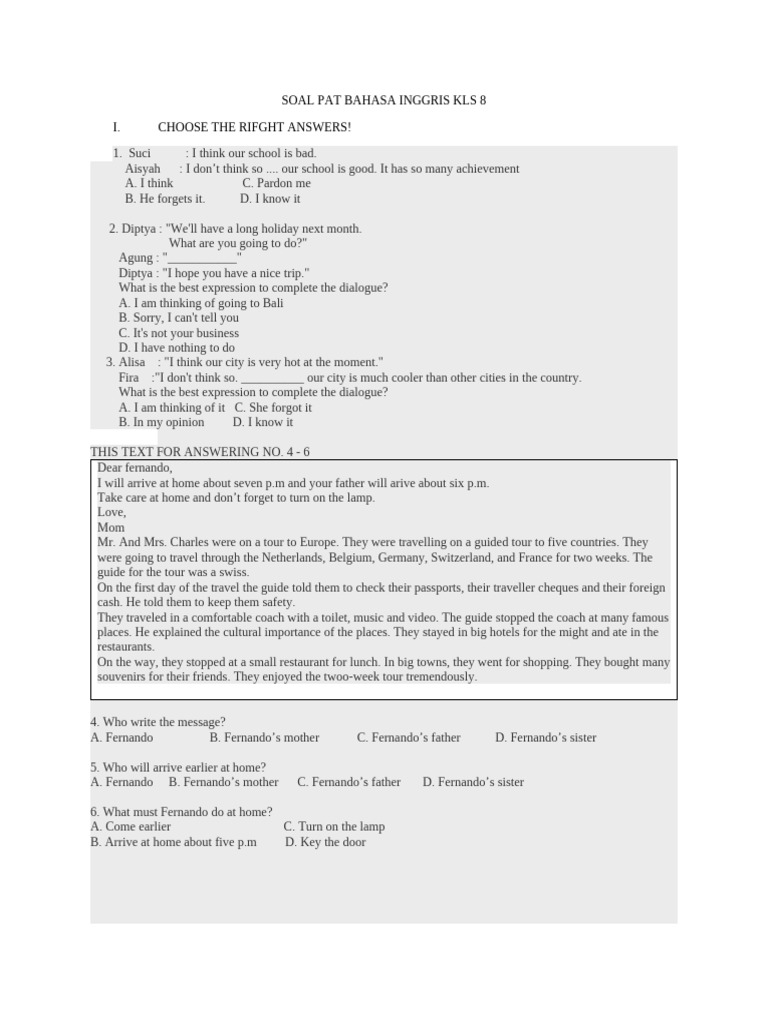 English Exam Questions for 8th Grade | PDF
