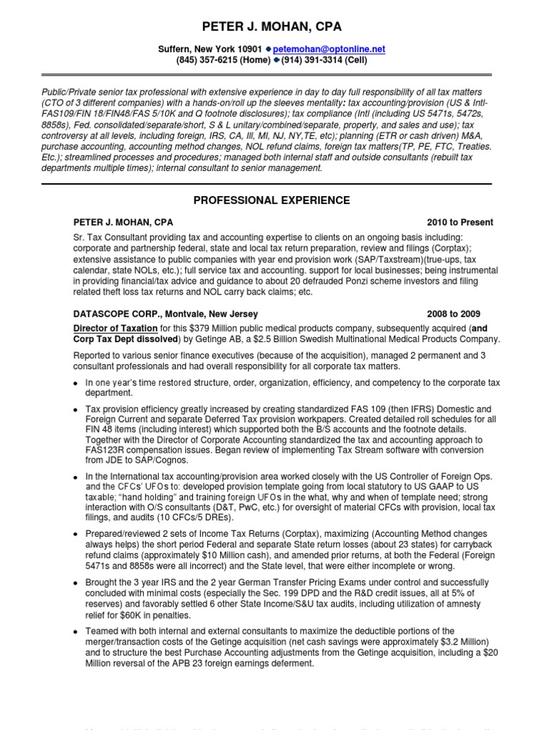 Vice President Director Tax in NYC Resume Peter Mohan | Corporate Tax | Taxes