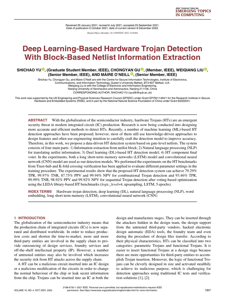 Deep Learning-Based Hardware Trojan Detection With Block-Based Netlist ...