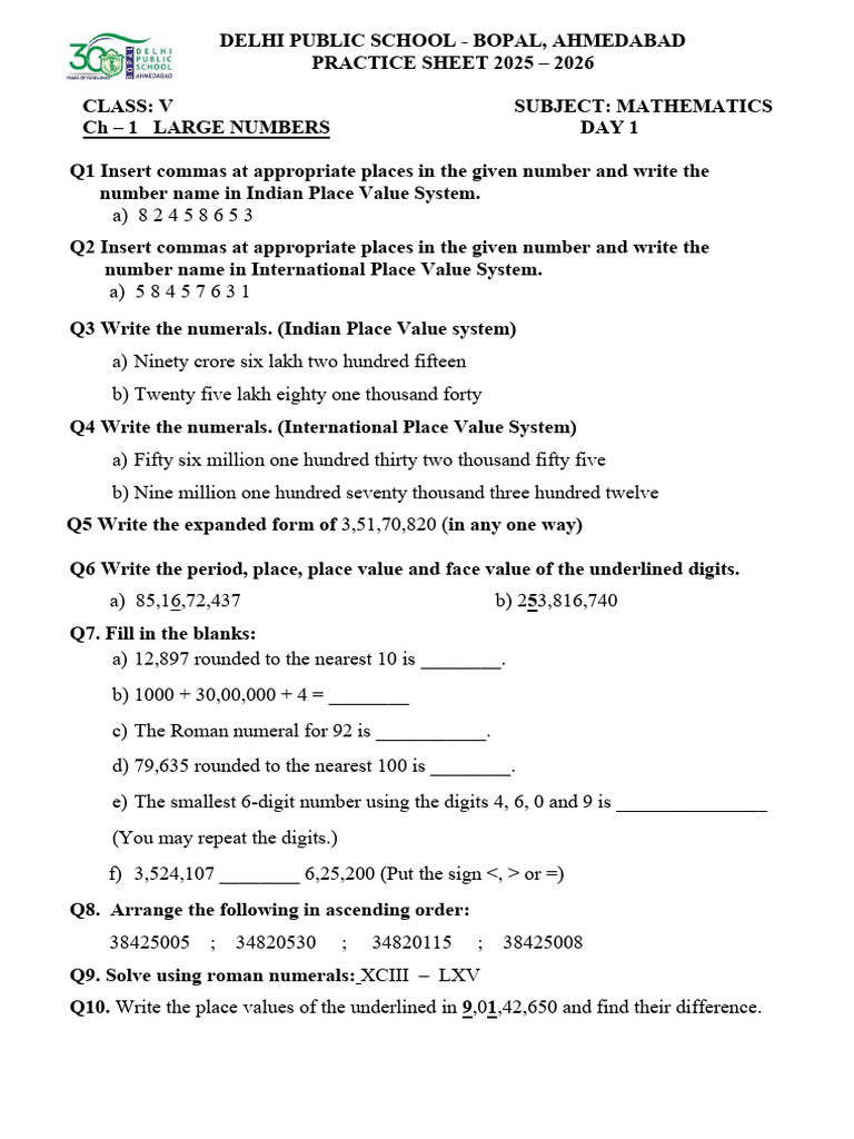 Class V Mathematics Practice Sheet 2025 | PDF | Arithmetic | Number Theory