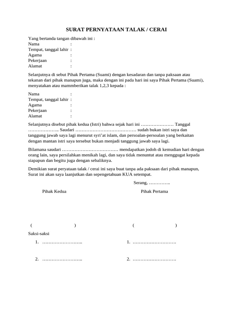 Surat Pernyataan Talak Cerai Islam | PDF