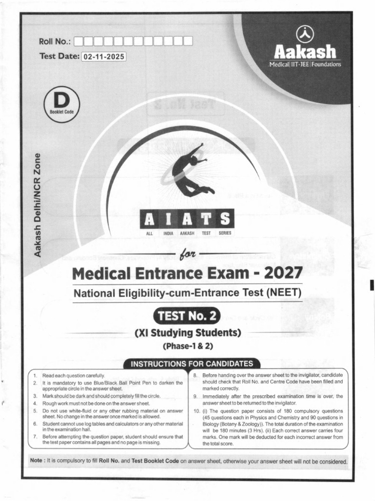 Tym Test-02 Aiats 02112025 Ph1 2 Code D | PDF | Acceleration | Chemical ...