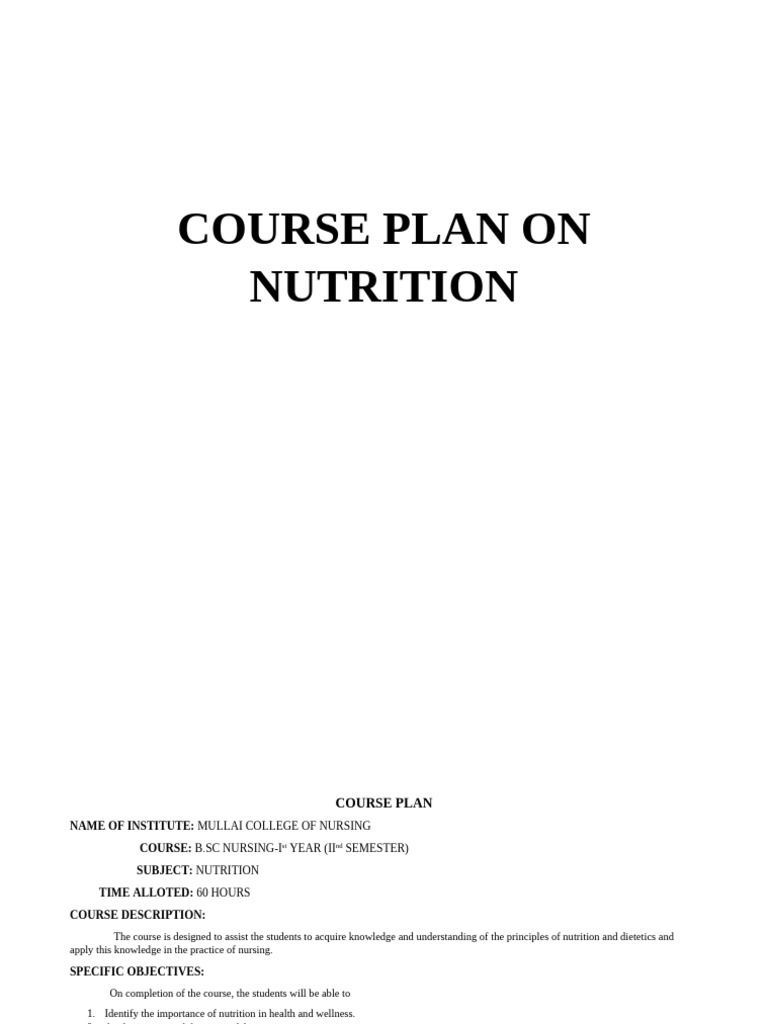 Nutrition Course Plan for Nursing Students | PDF | Nutrition | Diet ...