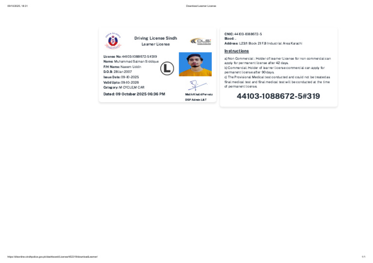 Sindh Learner Driving License Details | PDF | Transport | Driving
