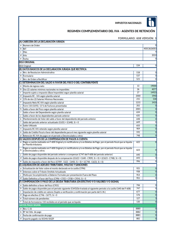Declaración Jurada IVA Formulario 608 | PDF | Impuestos | Finanzas del ...