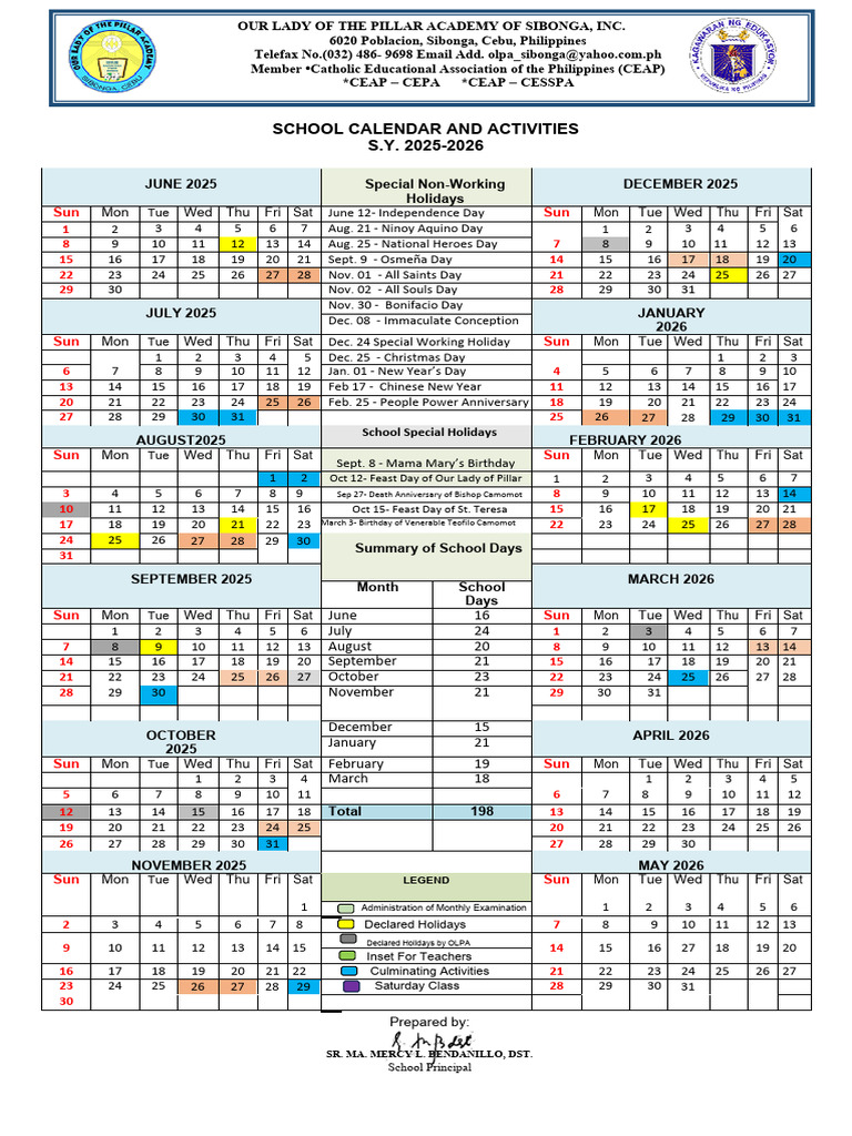 2025 2026 School Calendar and Activities Olpa | PDF | Observances