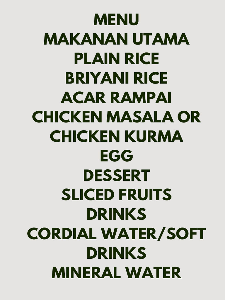Menu Makanan Utama Plain Rice Briyani Rice Acar Rampai Chicken Masala ...