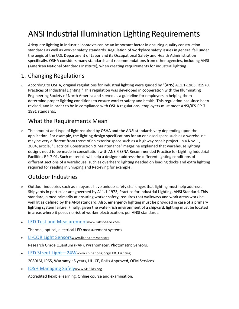 ANSI Illumination Recc Lighting Occupational Safety And Health