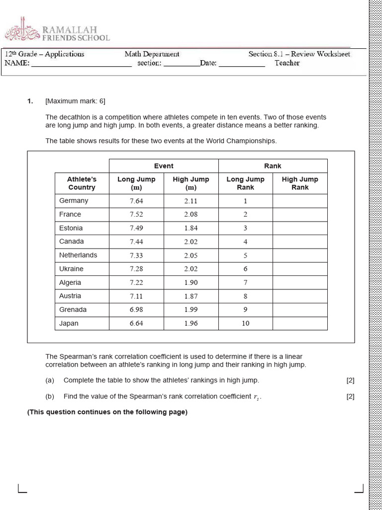 Section 8.1 Worksheet - Spearman's Rank | PDF