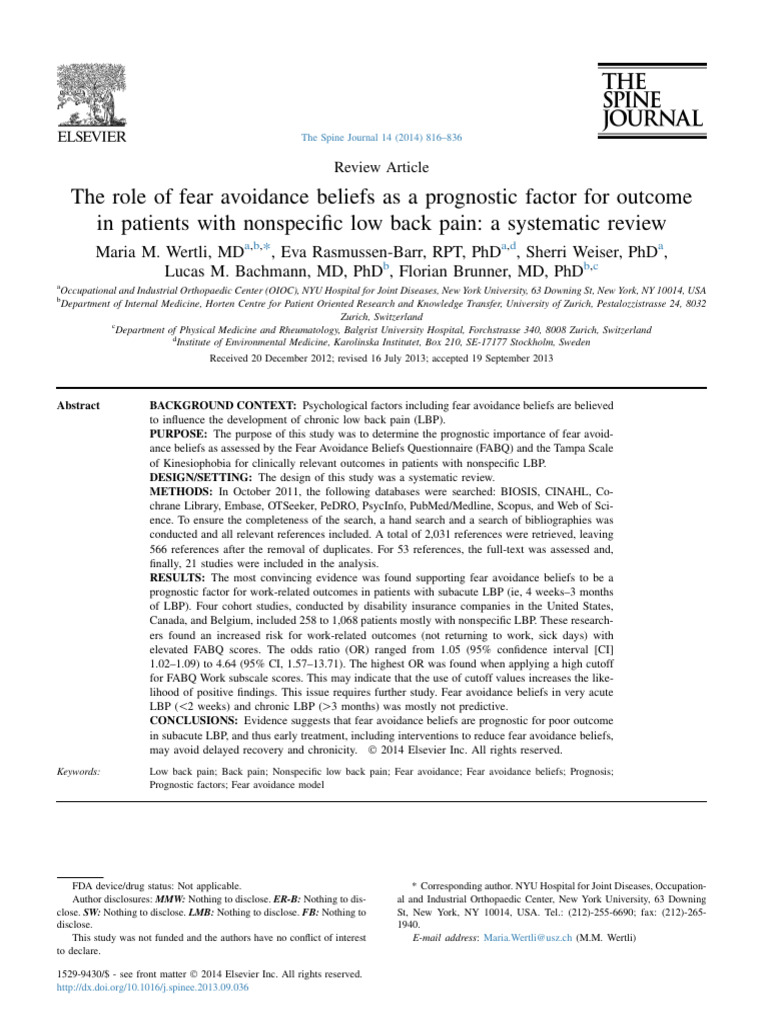 Fear Avoidance Beliefs in Low Back Pain | PDF | Cohort Study | Low Back ...