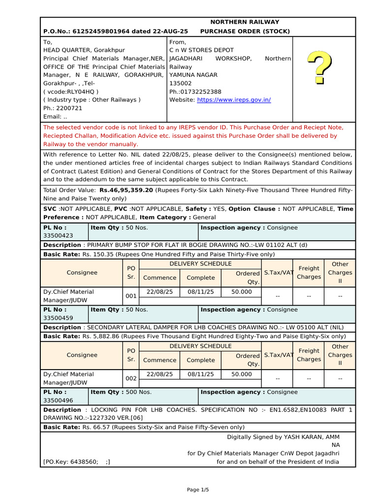 Northern Railway Purchase Order Details | PDF