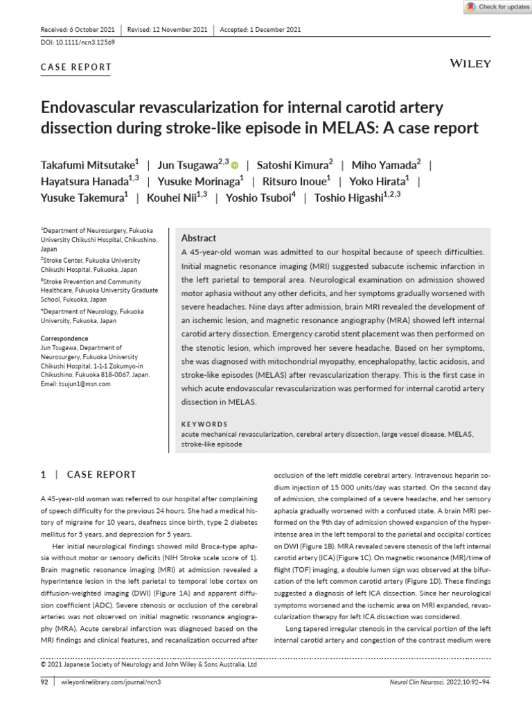 Endovascular Treatment for ICA Dissection in MELAS | PDF | Stroke ...