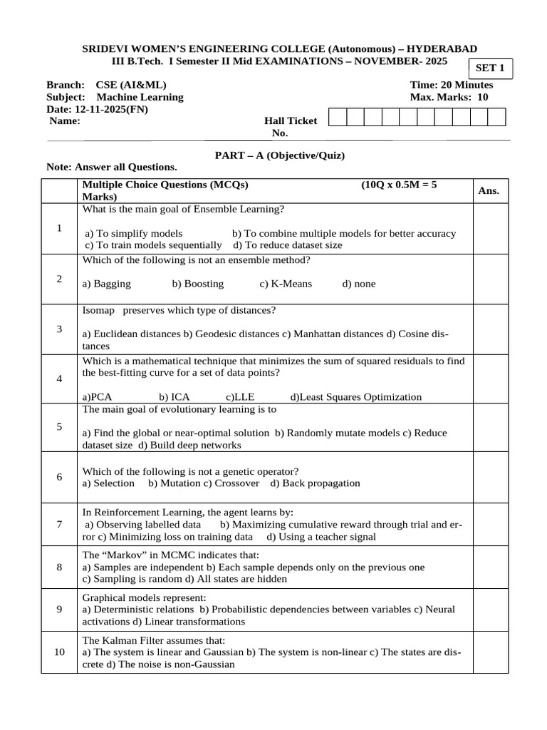III - I Mid 2 Objective - ML (Set 1) | PDF | Machine Learning | Kalman ...