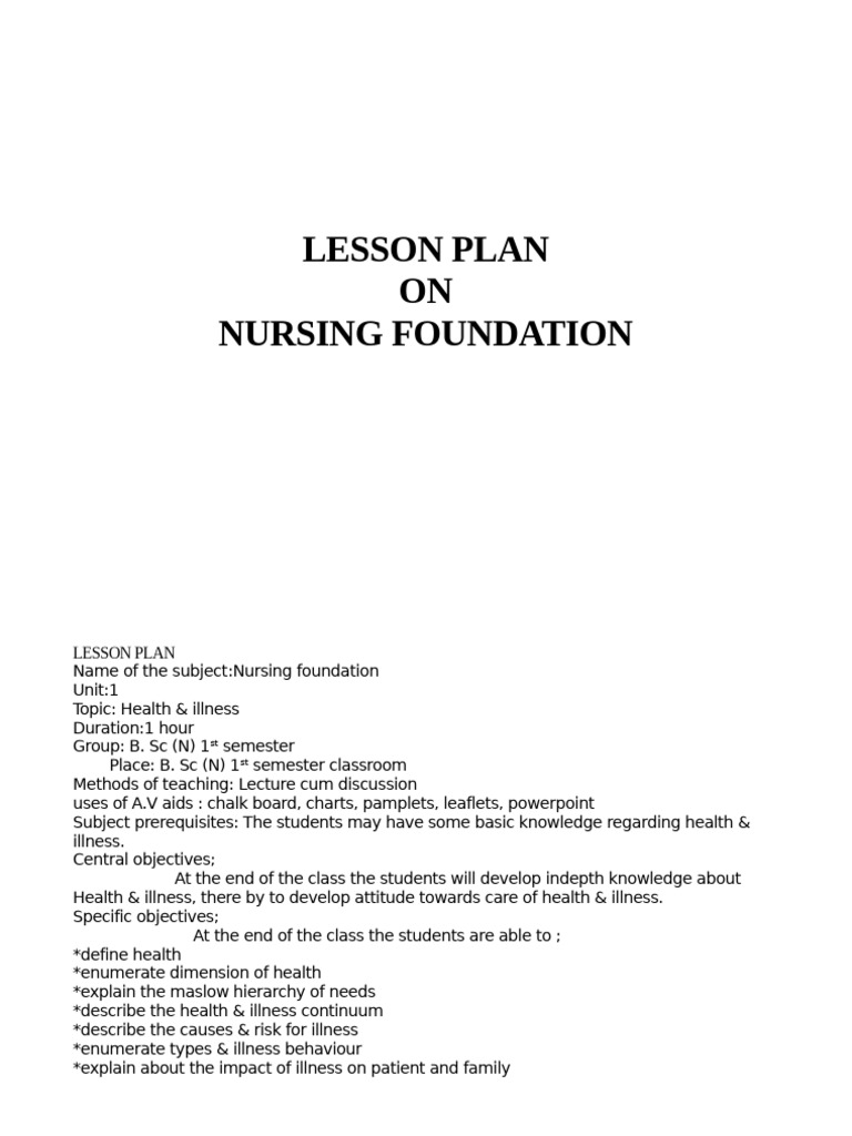 Nursing Foundation Lesson Plan: Health & Illness | PDF | Self ...