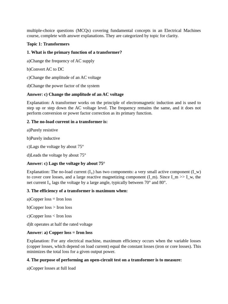 Electrical Machines MCQs with Explanations | PDF | Transformer ...