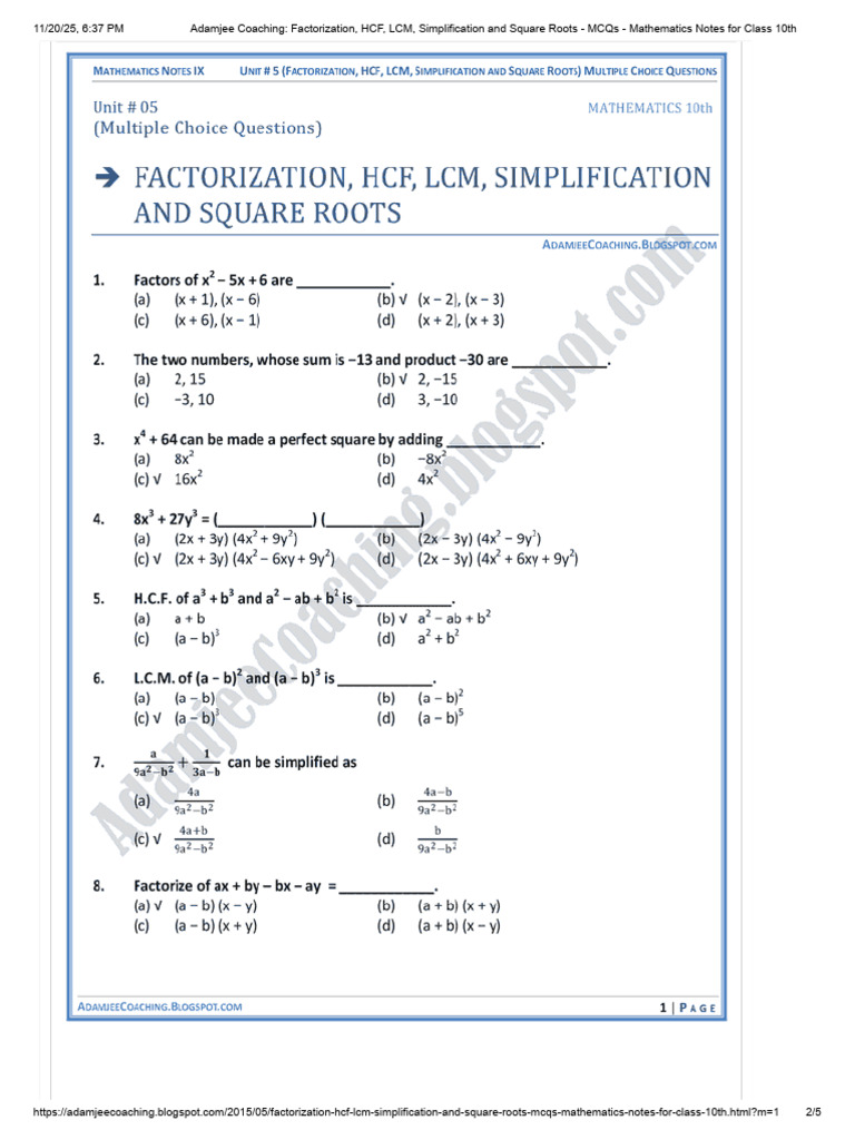 Adamjee Coaching - Factorization, HCF, LCM, Simplification and Square ...