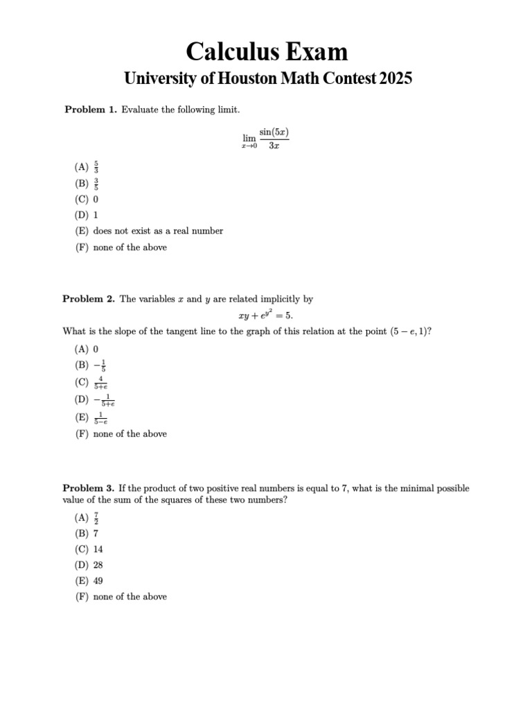 University of Houston 2025 Calculus Exam | PDF | Function (Mathematics ...