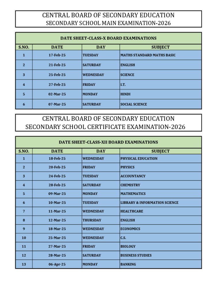 Class X & XII Board Exam Date Sheet | PDF