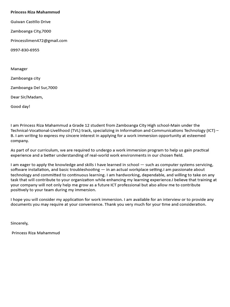 Work Immersion Application by Student | PDF