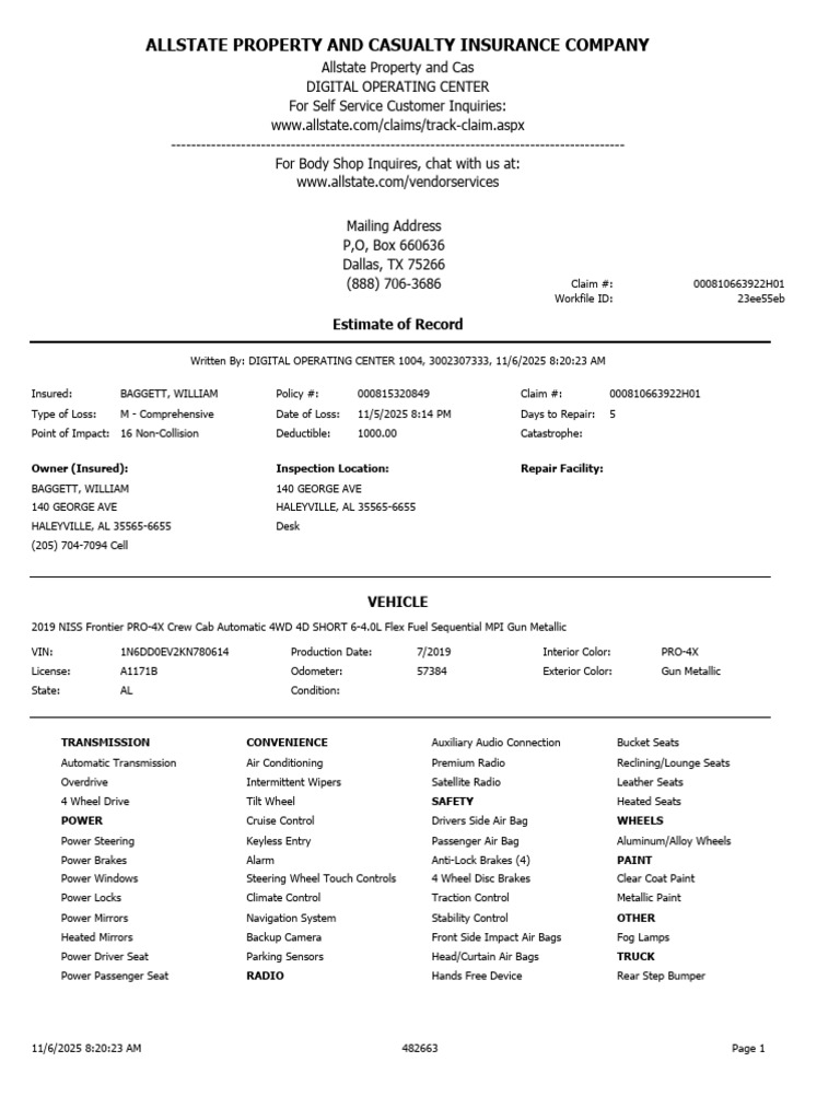 Allstate Insurance Claim Estimate Details | PDF | Insurance | Airbag
