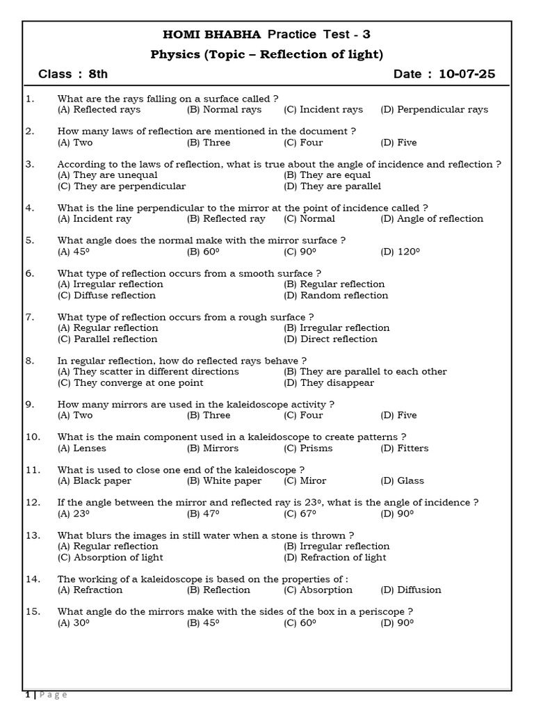 8th Grade Physics: Light Reflection Test | PDF | Reflection (Physics ...