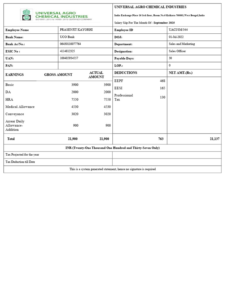 September 2025 Salary Slip Details | PDF | Taxes | Government Finances