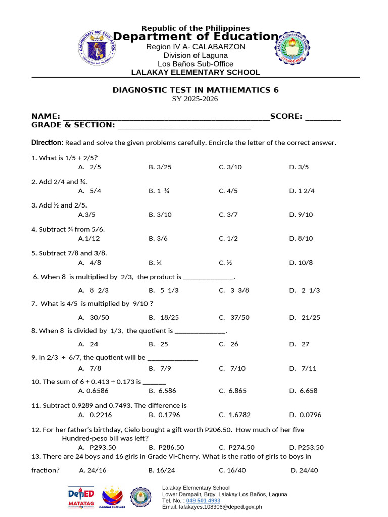 Diagnostic Test for Grade 6 Mathematics | PDF | Ratio | Triangle