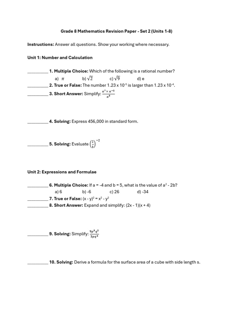 Grade 8 Math Revision Paper Set 2 | PDF | Area | Numbers