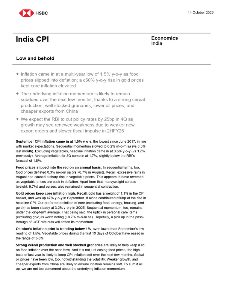 India Economics Oct25 | PDF | Inflation | Hsbc