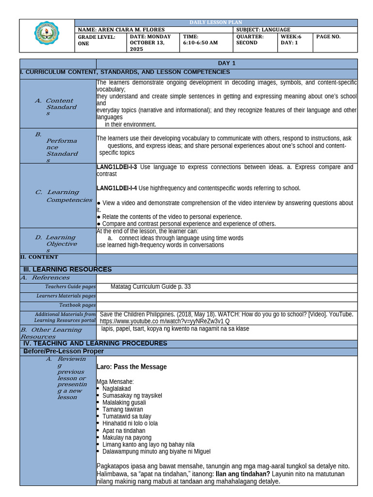 Grade1 Language q2 Week6 DLP | PDF | Curriculum | Vocabulary