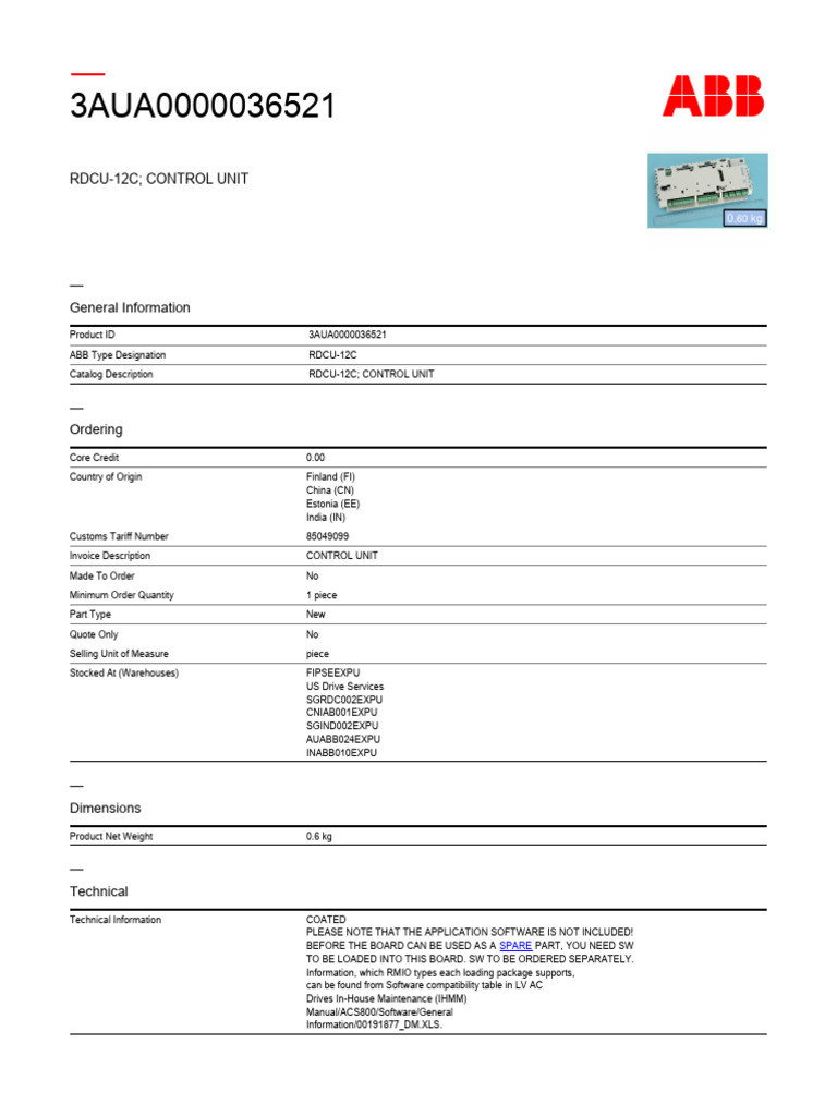ABB RDCU-12C Control Unit Overview | PDF | Computing