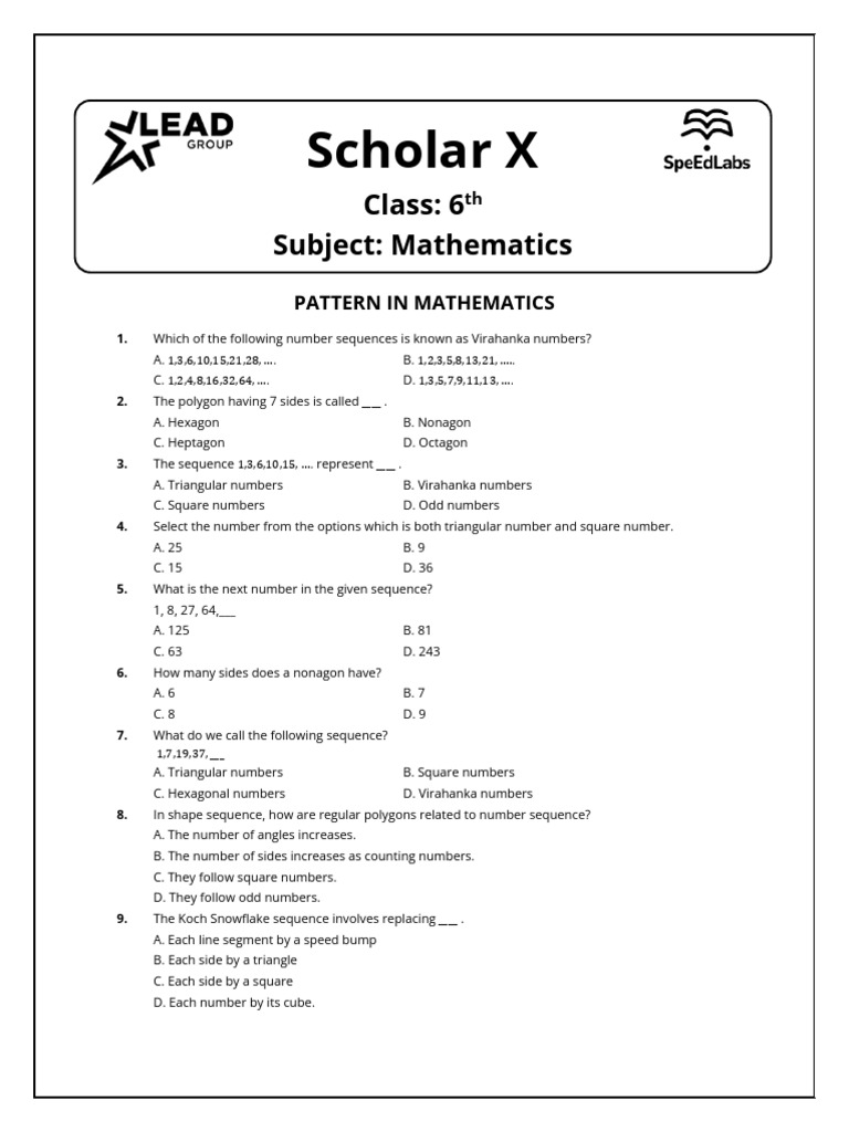 Mathematics Patterns and Sequences Quiz | PDF | Triangle | Area