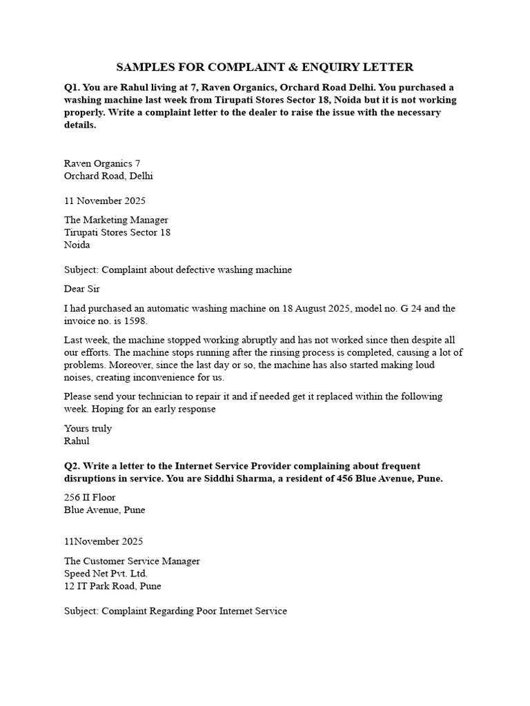 Complaint and Inquiry Letter Samples | PDF