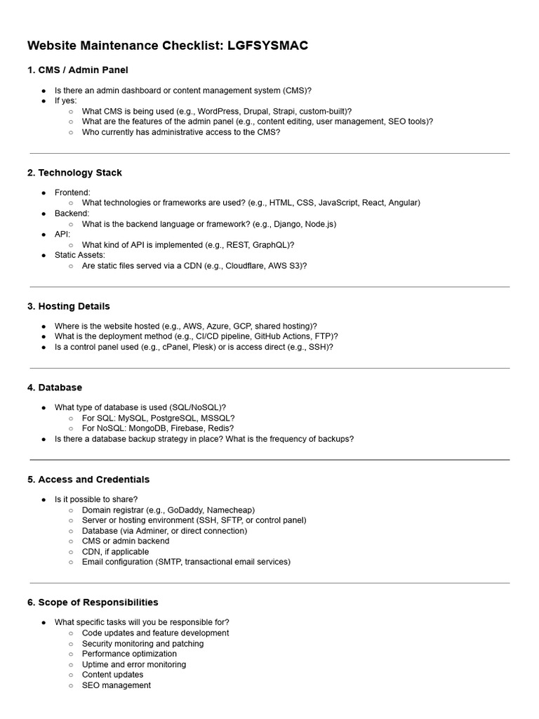 Website Maintenance Checklist Guide | PDF | Databases | Version Control