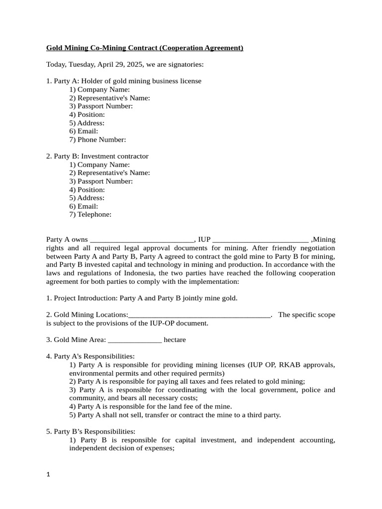 Gold Mining Co-Mining Contract Agreement | PDF | Private Law | Business Law