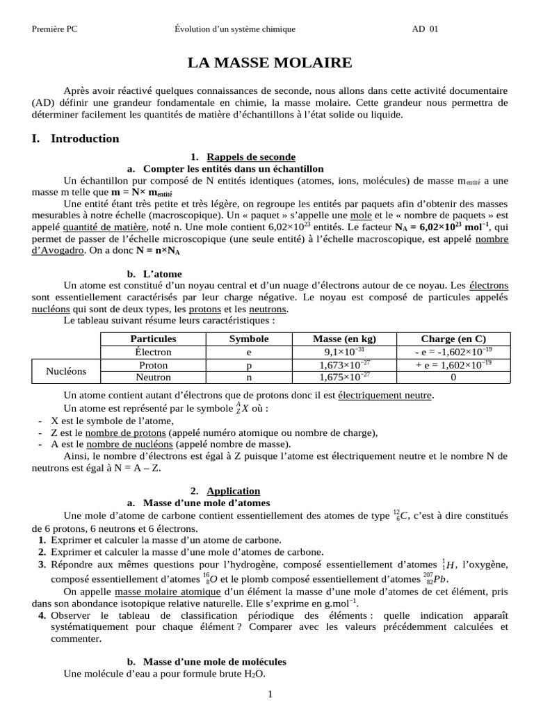 Comprendre la masse molaire en chimie PDF Atomes Éléments chimiques — free download